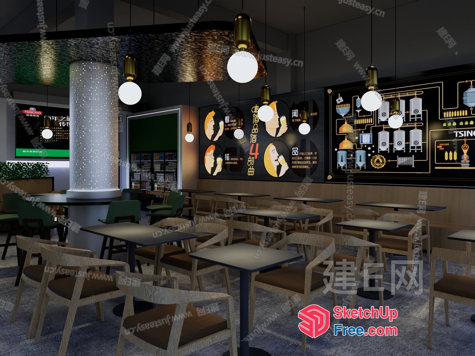 Modern Restaurant Interior With Sleek Tables And Chairs 3D SketchUp File