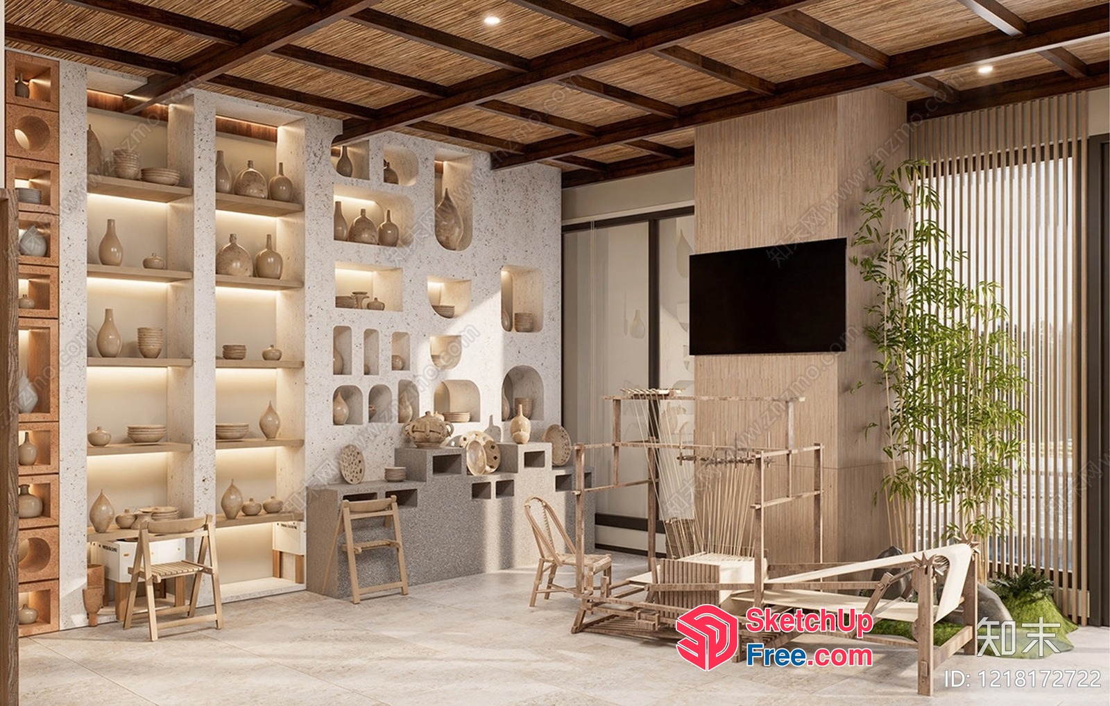 Modern Japanese-Style Living Room With Wabi-Sabi Decor 3D SketchUp File