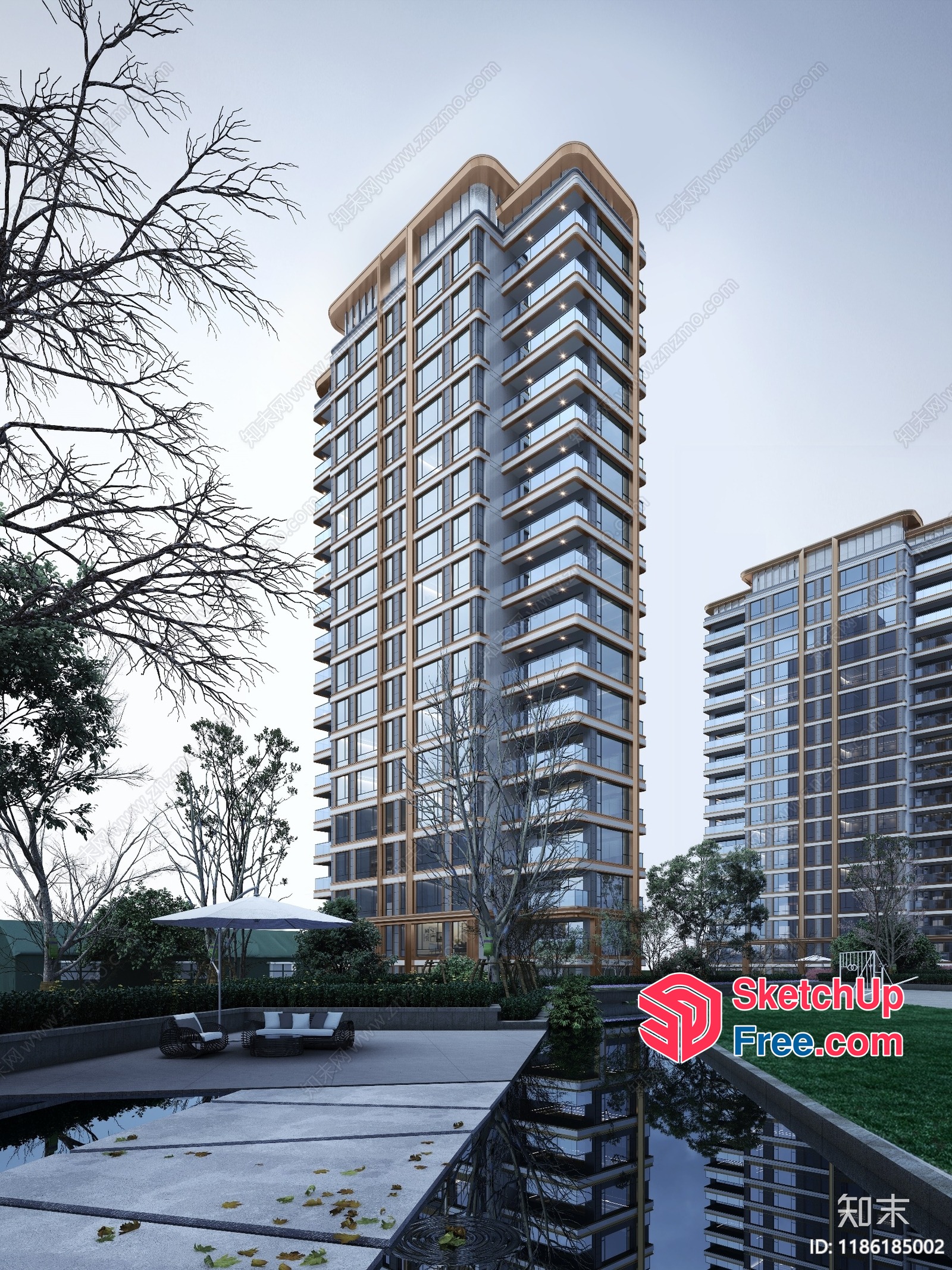 Modern High-Rise Building With Glass Curtain Wall And Balconies 3D SketchUp File