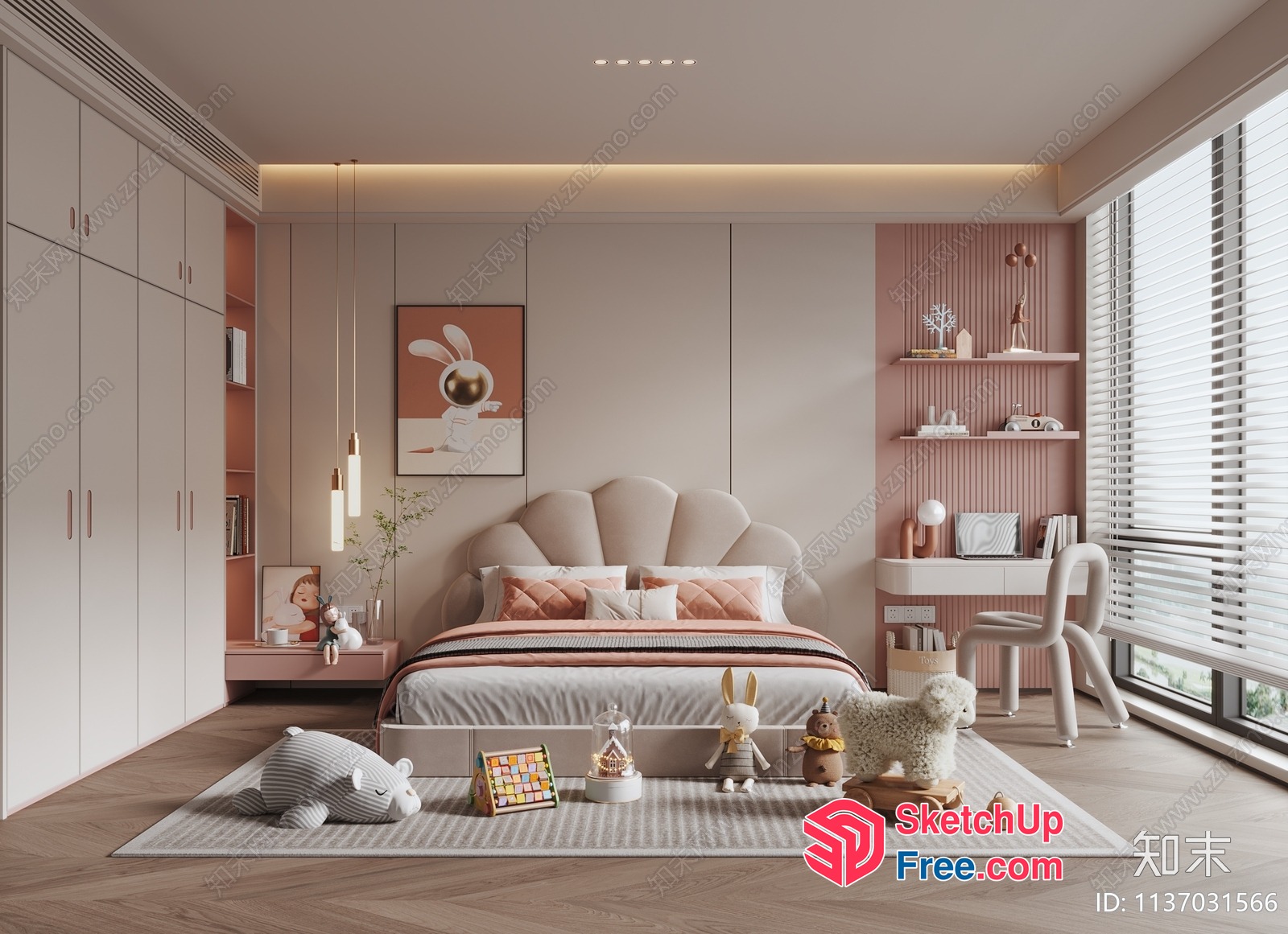 Modern Minimalist Bedroom With Pink Accents And White Furniture 3D SketchUp File