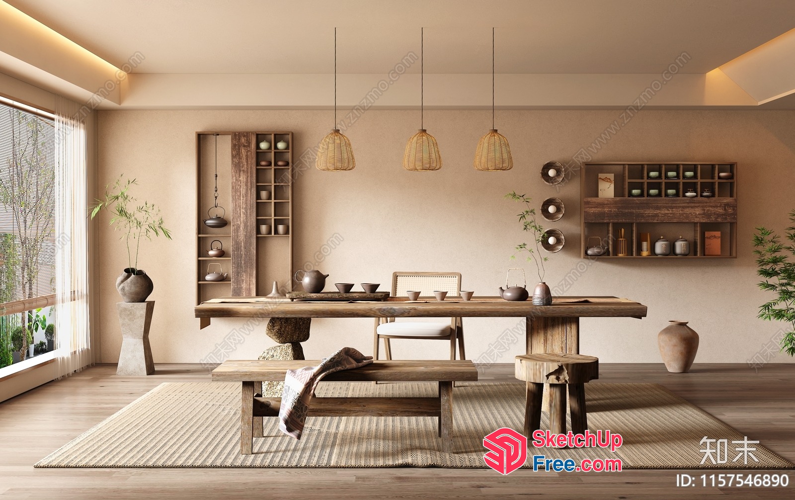 Wabi-Sabi Style Dining Room With Natural Wood And Earthy Tones 3D SketchUp File