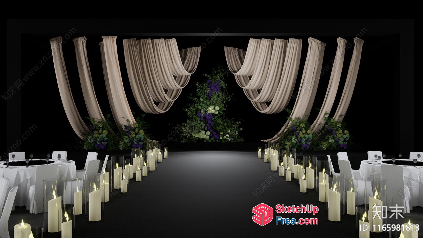 Elegant Table Setting With Hanging Curtains And Candles 3D SketchUp File