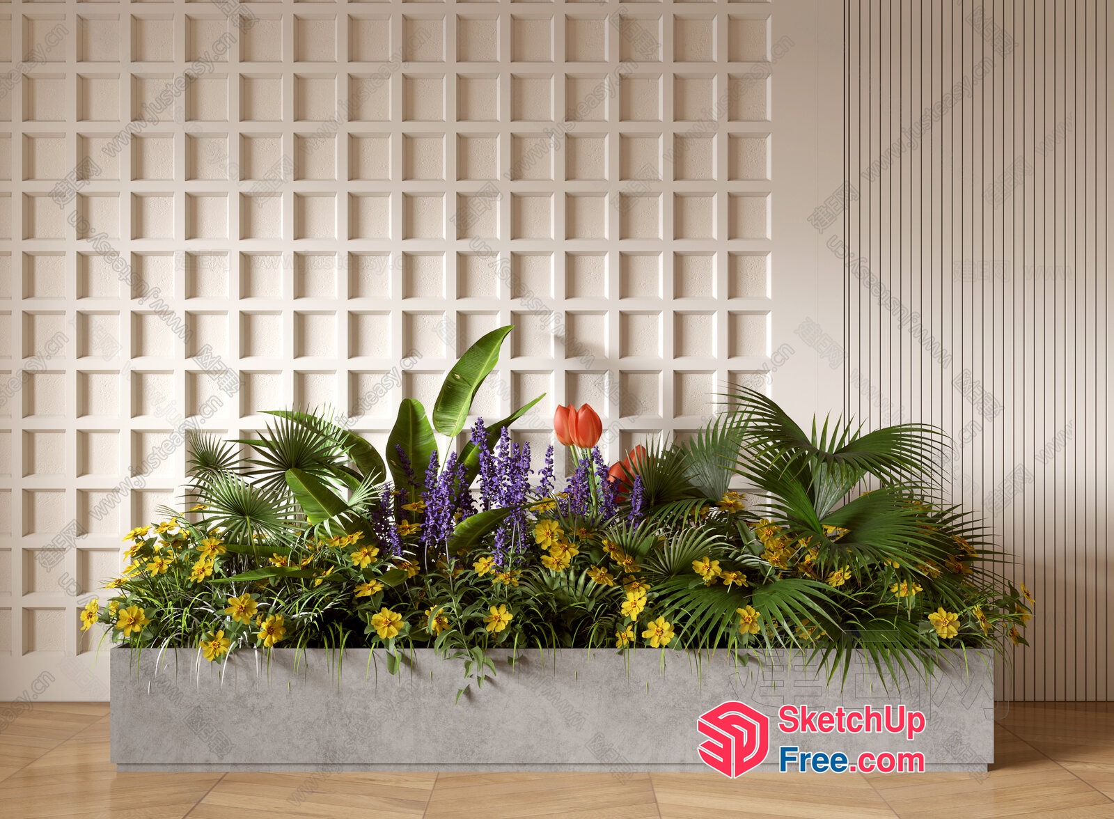 Modern Tropical Plant Arrangement In Large Concrete Planter 3D SketchUp File