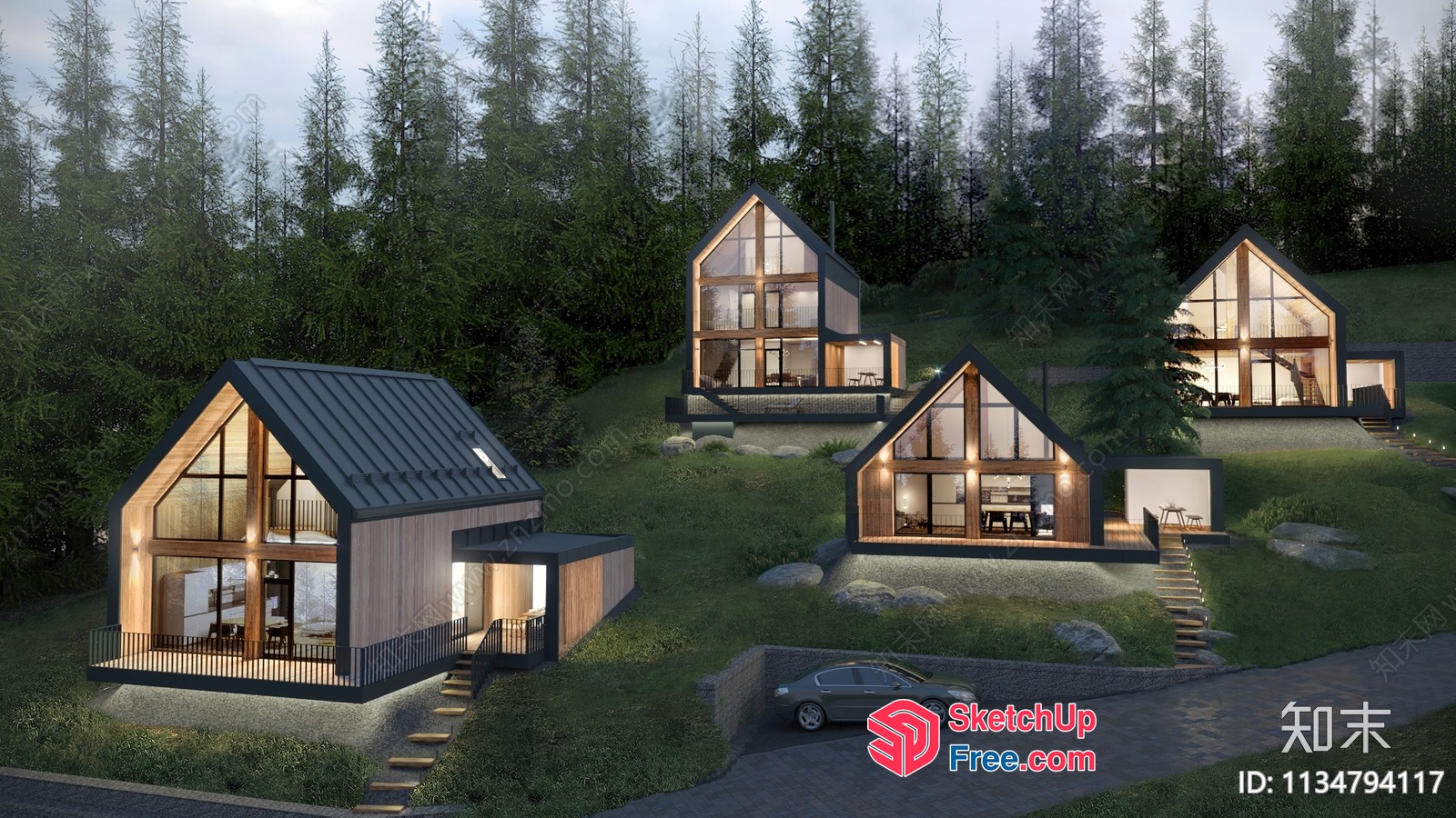 Modern A-Frame Houses On A Hillside 3D SketchUp File
