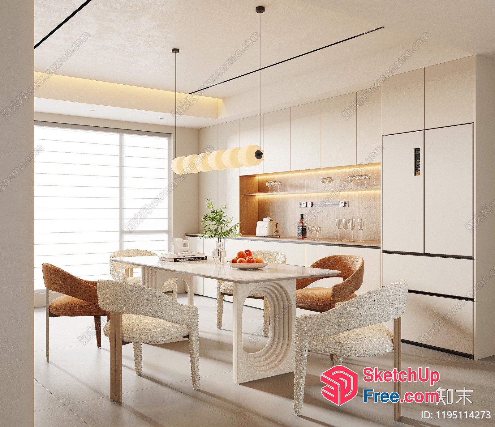 Modern Creamy Style Dining Room With White And Brown Furniture 3D SketchUp File
