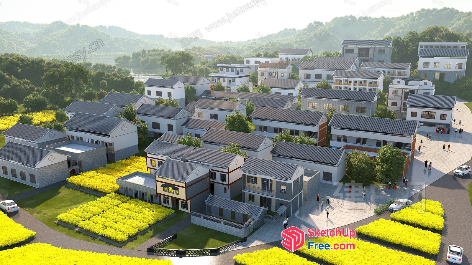 Aerial View Of A Serene Residential Area With Modern Houses And Lush Greenery 3D SketchUp File