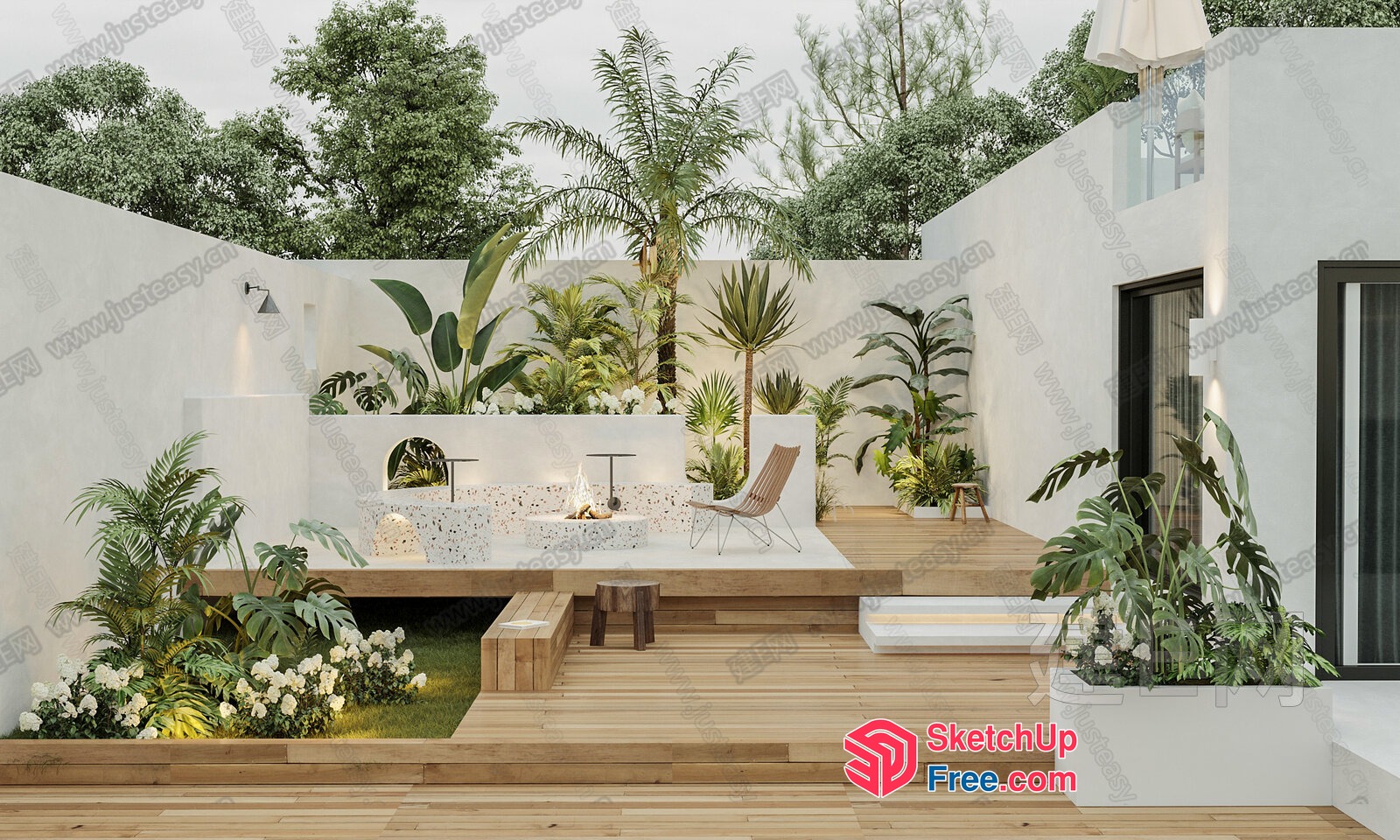 Modern Tropical Patio With White Walls And Natural Wood 3D SketchUp File