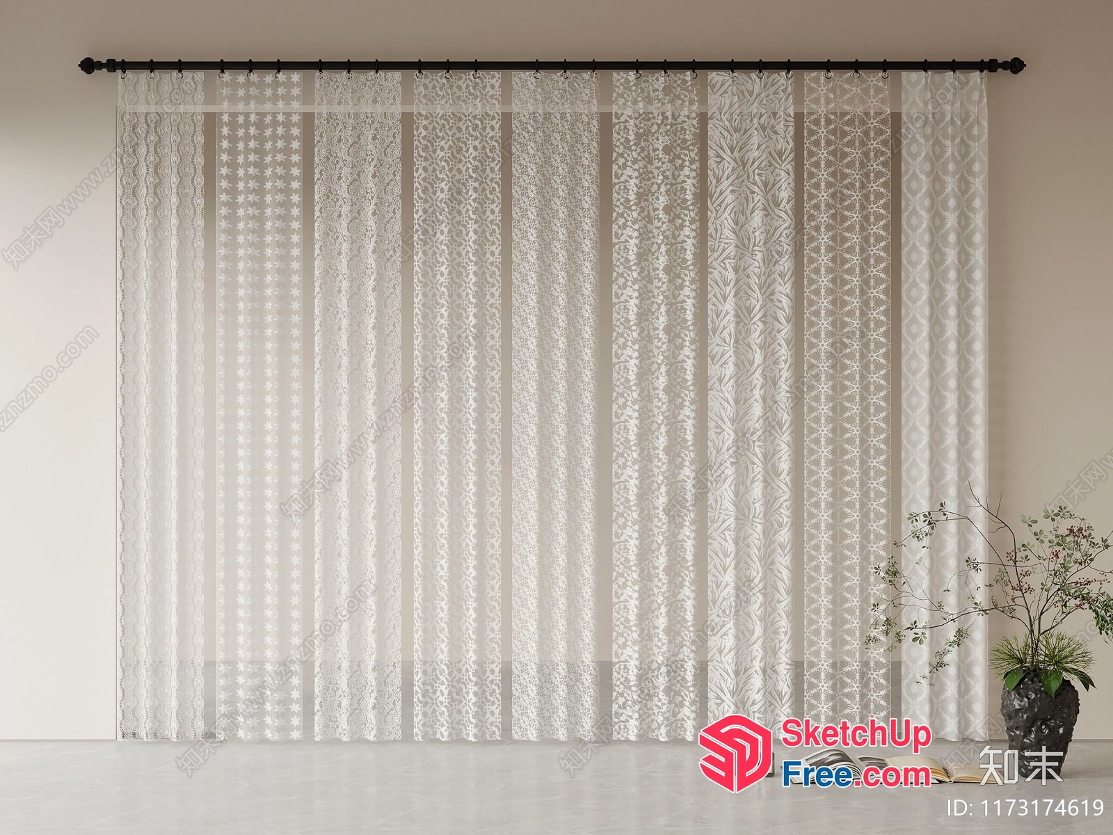 Elegant White Curtain With Patterned Stripes 3D SketchUp File