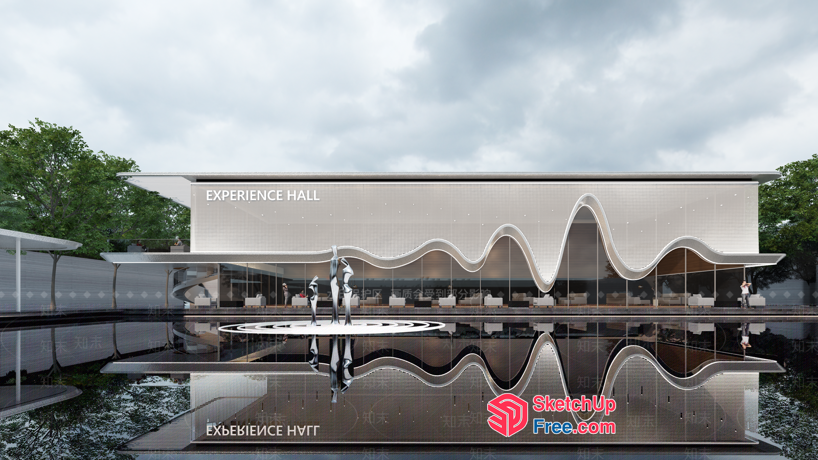 Modern Experience Hall With Wavy Lines And Glass Walls 3D SketchUp File