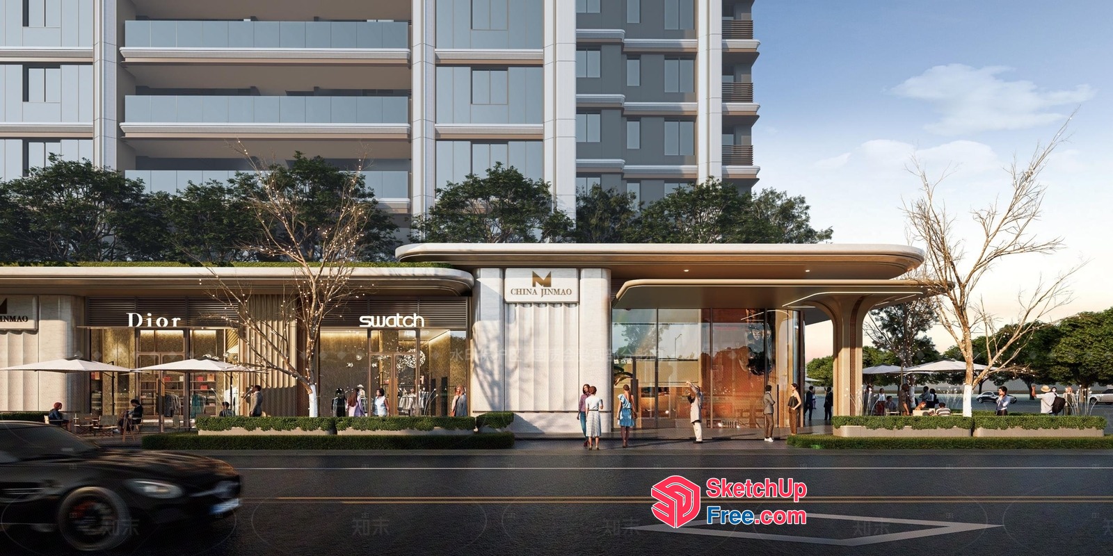 Modern Commercial Street With Elegant Glass Curtain Wall 3D SketchUp File