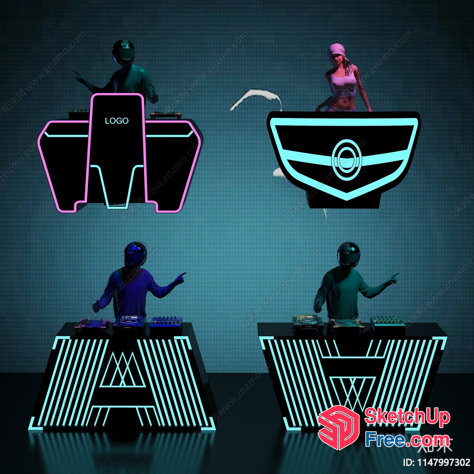 Futuristic Dj Booth With Neon Accents And Djs 3D SketchUp File