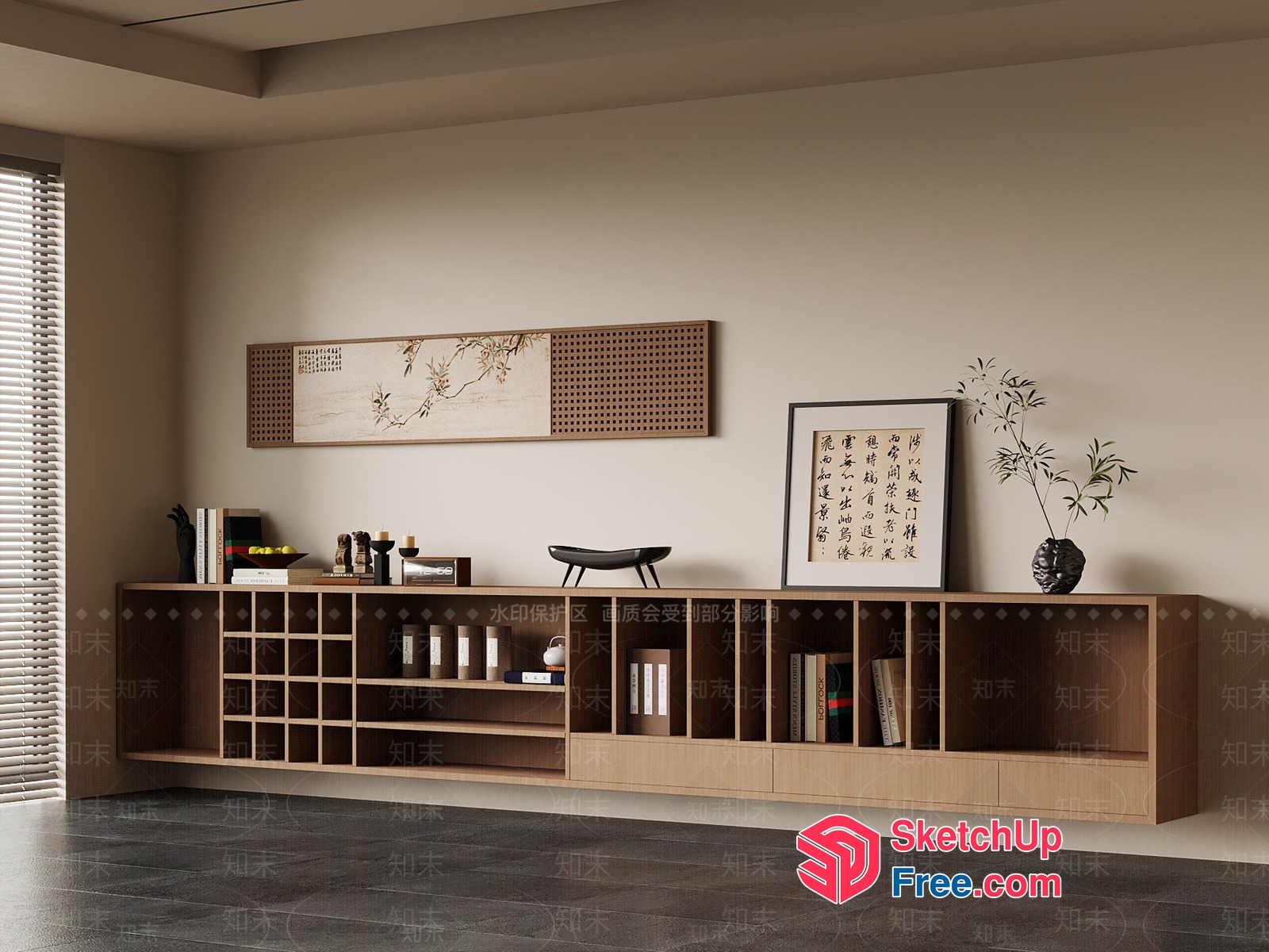 Modern Japanese-Style Shelf Unit With Decorative Elements 3D SketchUp File