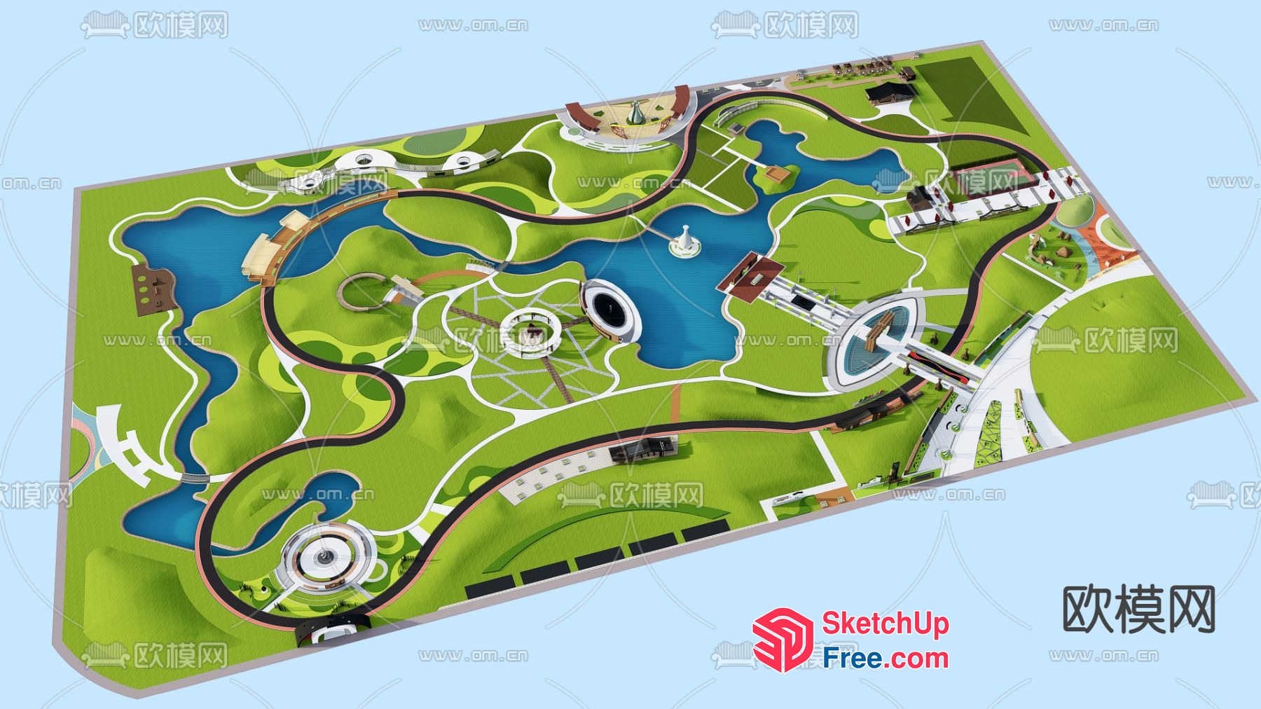 Park With A Lake And Winding Roads 3D SketchUp File