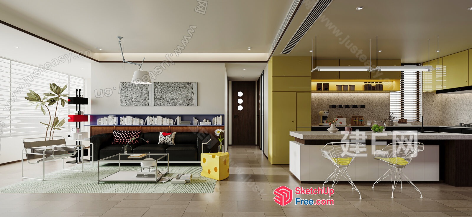 Modern Living Room And Kitchen Interior Design 3D SketchUp File