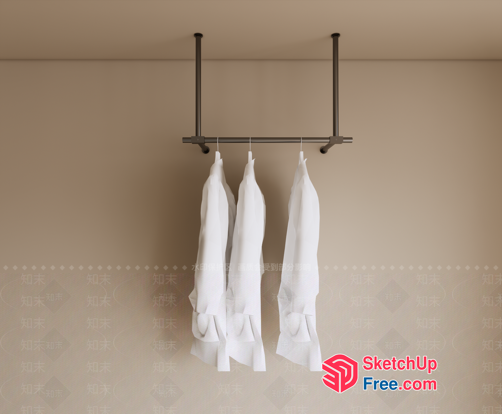 Three White Shirts Hanging On A Metal Rod 3D SketchUp File