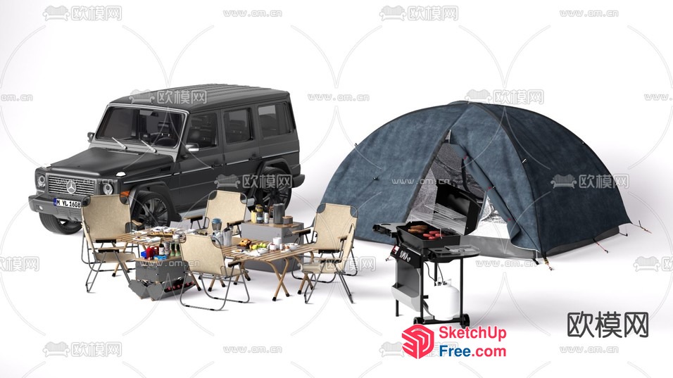 Outdoor Camping Setup With Vehicle And Cooking Station 3D SketchUp File