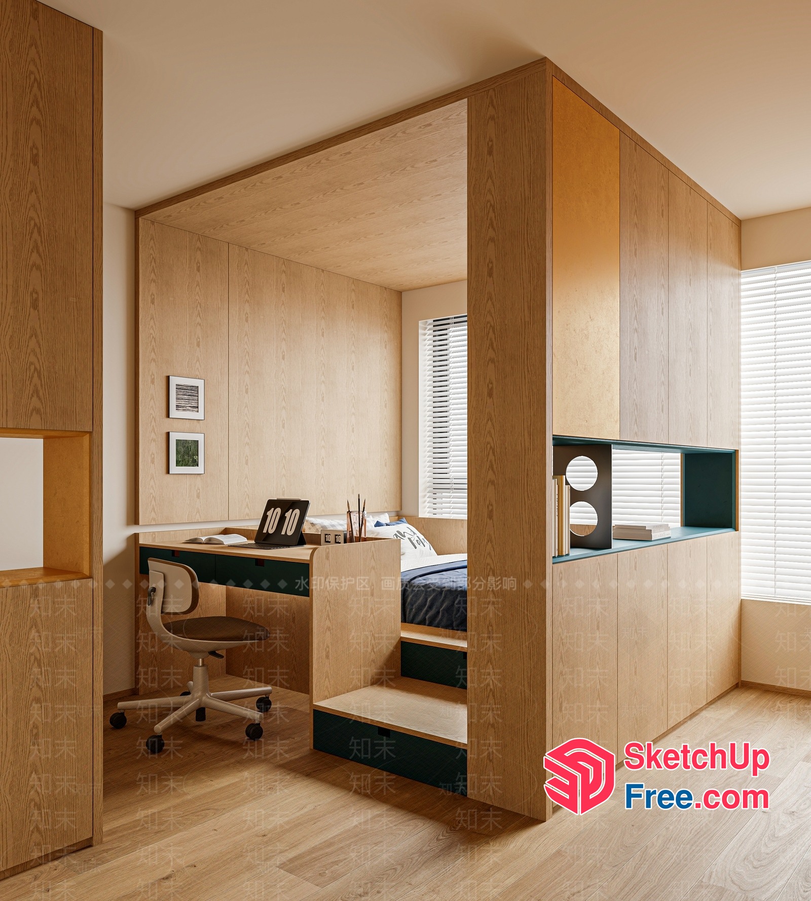 Minimalist Wood-Panelled Bedroom With Desk And Stairs 3D SketchUp File