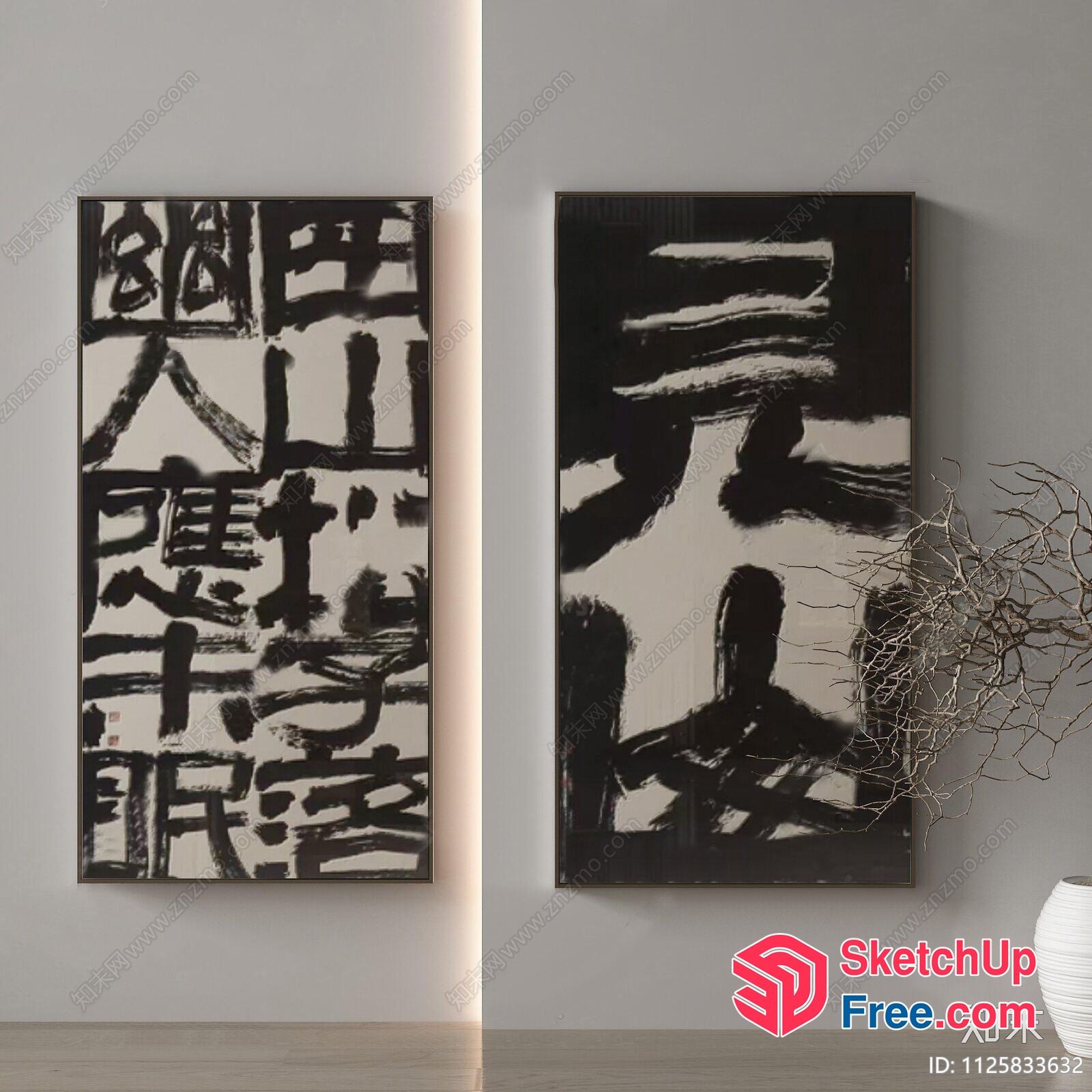 Two Black And White Paintings On A Gray Wall 3D SketchUp File
