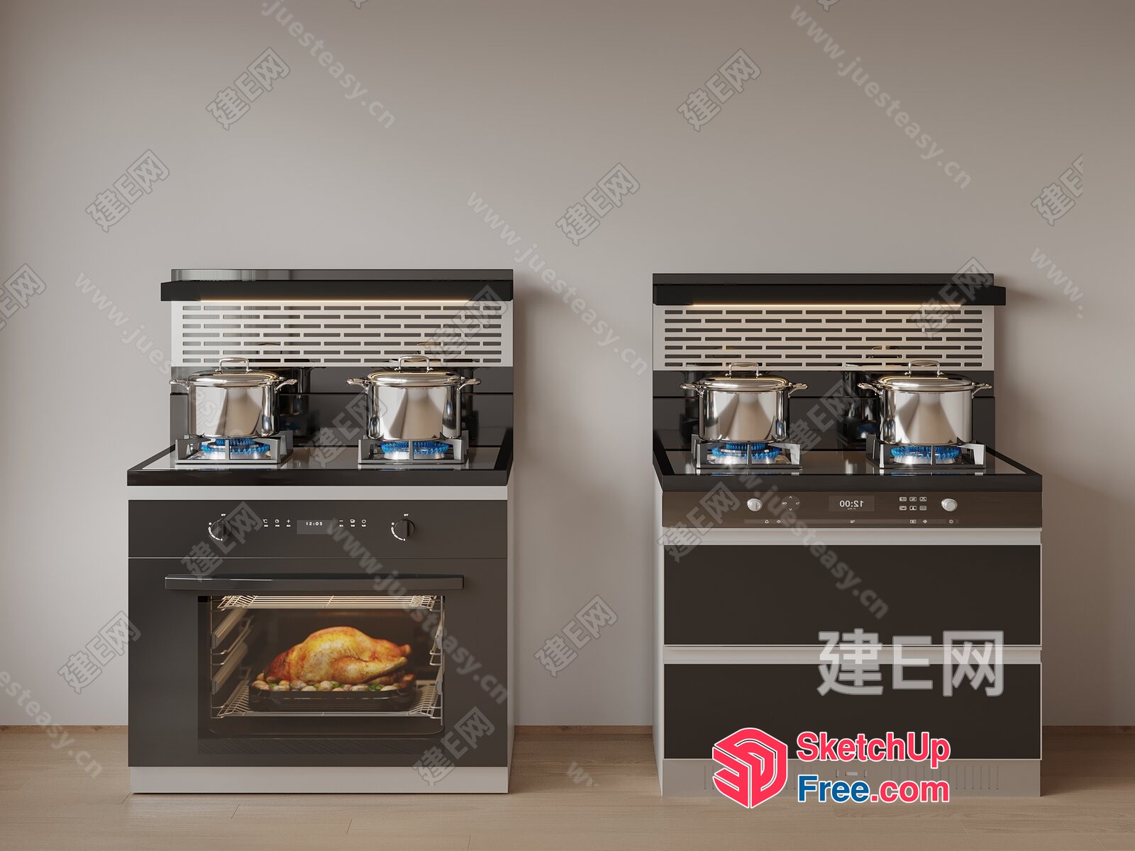 Modern Kitchen With Stainless Steel Appliances And Oven 3D SketchUp File