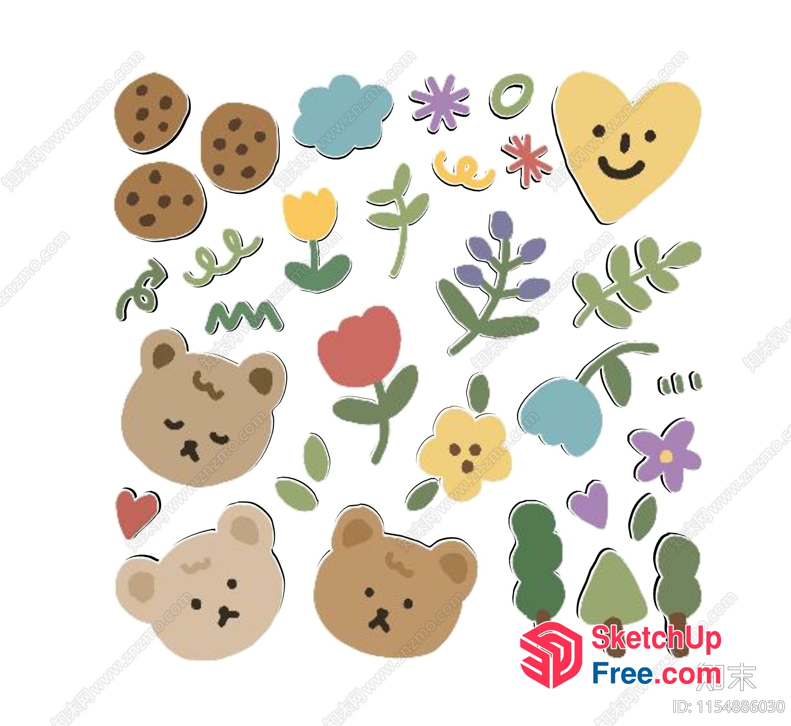 Colorful Cartoon Illustration Of Flowers, Trees, And Cute Animals 3D SketchUp File