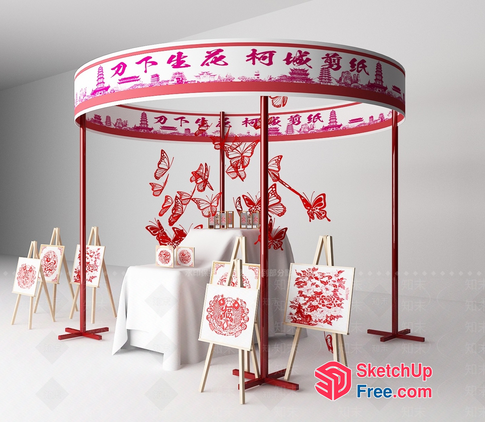 Elegant Red And White Chinese-Inspired Decorative Art Display 3D SketchUp File
