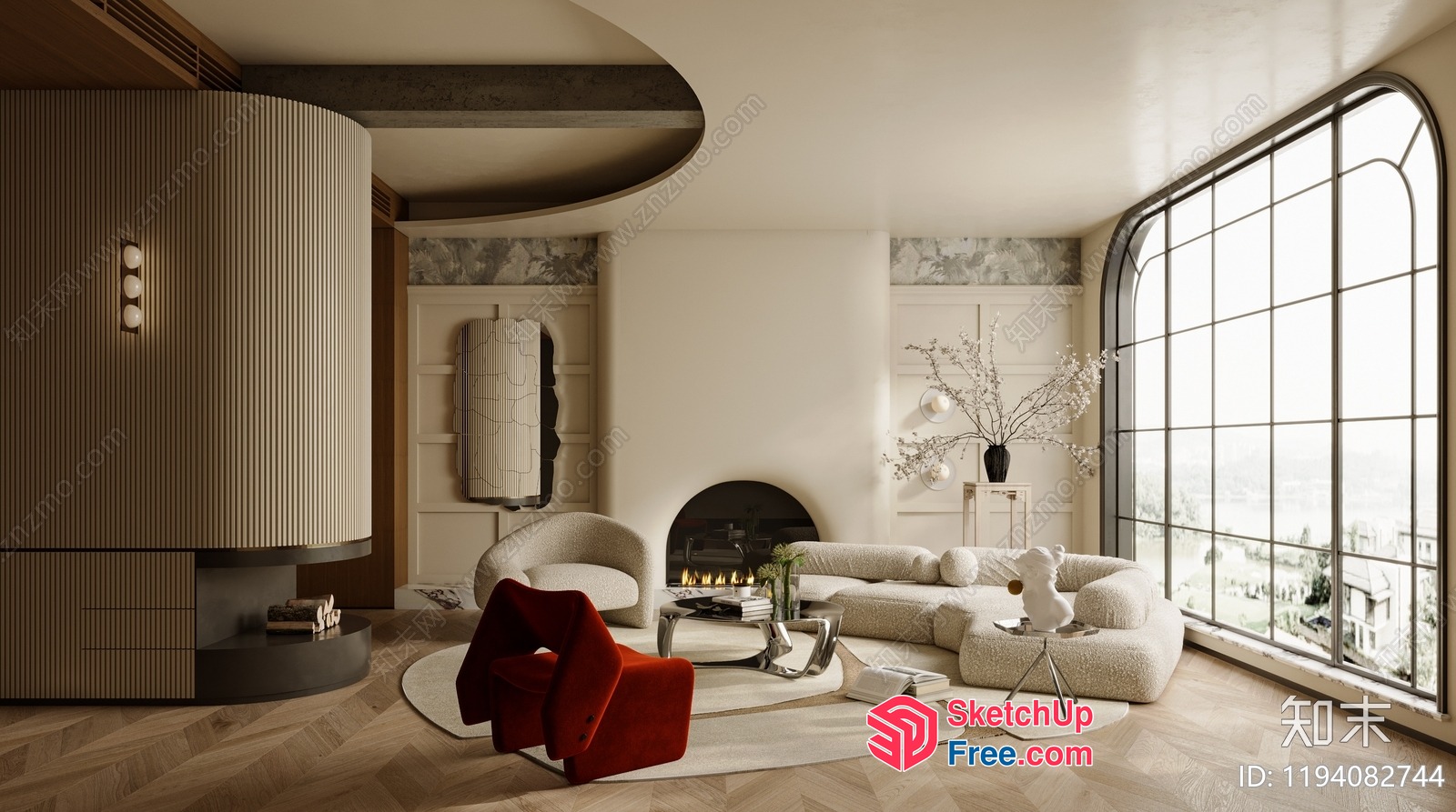 Elegant Modern Living Room With Fireplace And Large Windows 3D SketchUp File