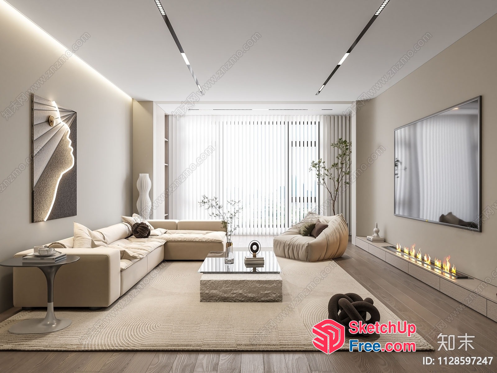 Modern Minimalist Living Room Design With Creamy Style 3D SketchUp File