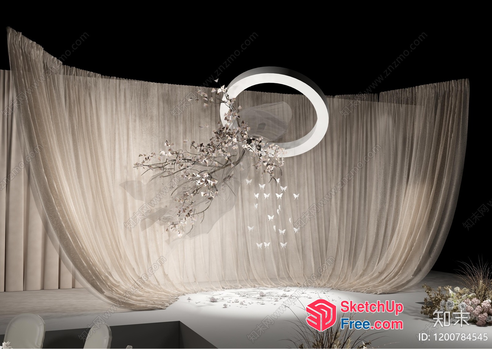 Elegant Stage Decor With White Flowers And Drapes 3D SketchUp File