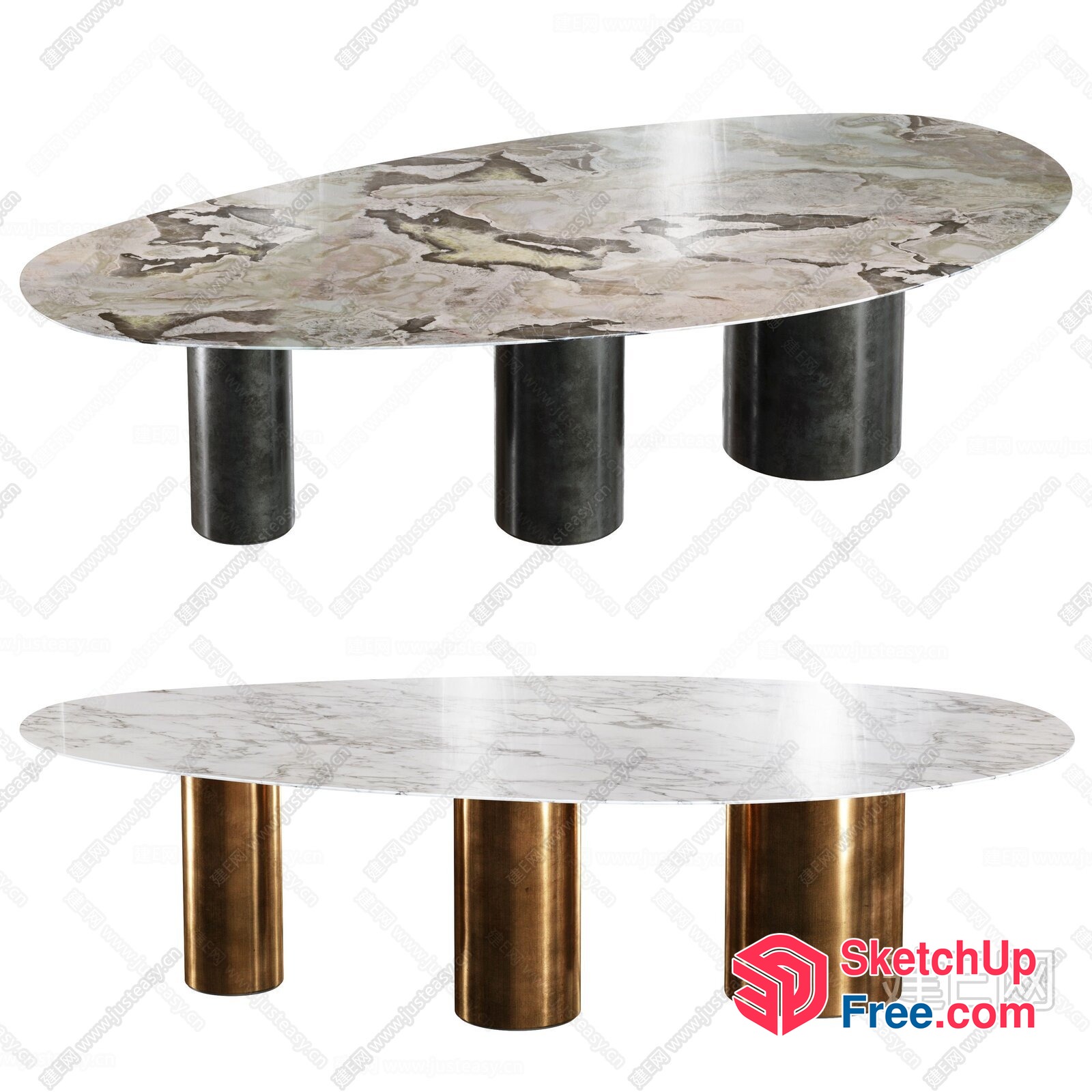 Marble-Top Oval Coffee Table With Gold Pillars 3D SketchUp File