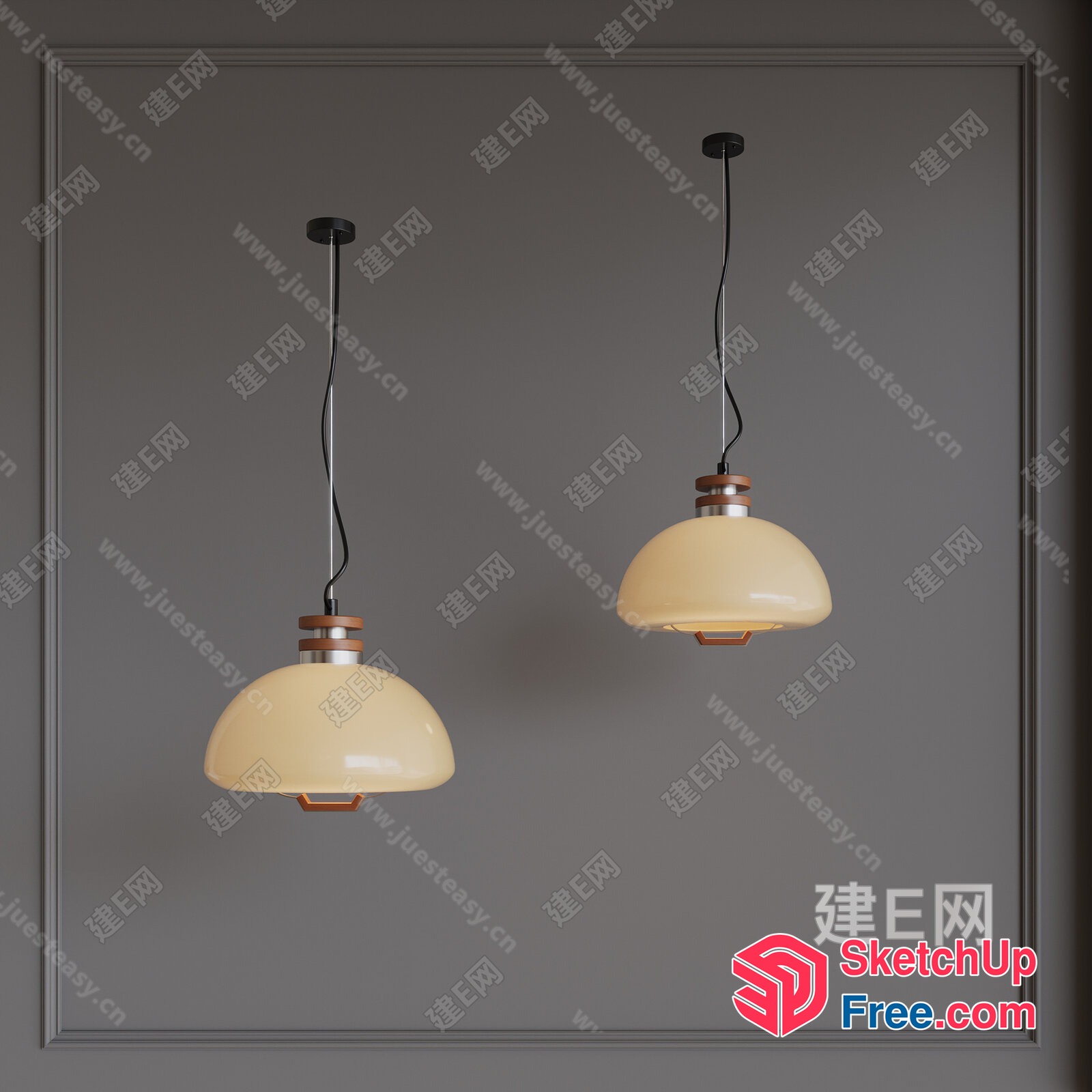 Two Pendant Lights With Creamy Shades And Wooden Accents 3D SketchUp File