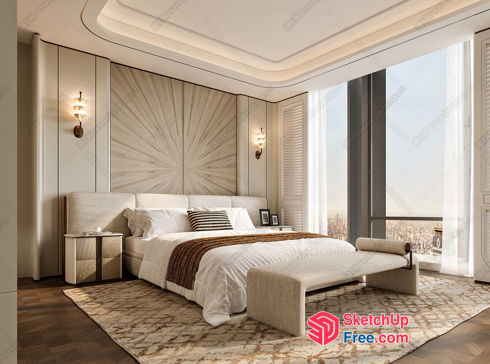 Elegant Modern Bedroom With Large Window And City View 3D SketchUp File
