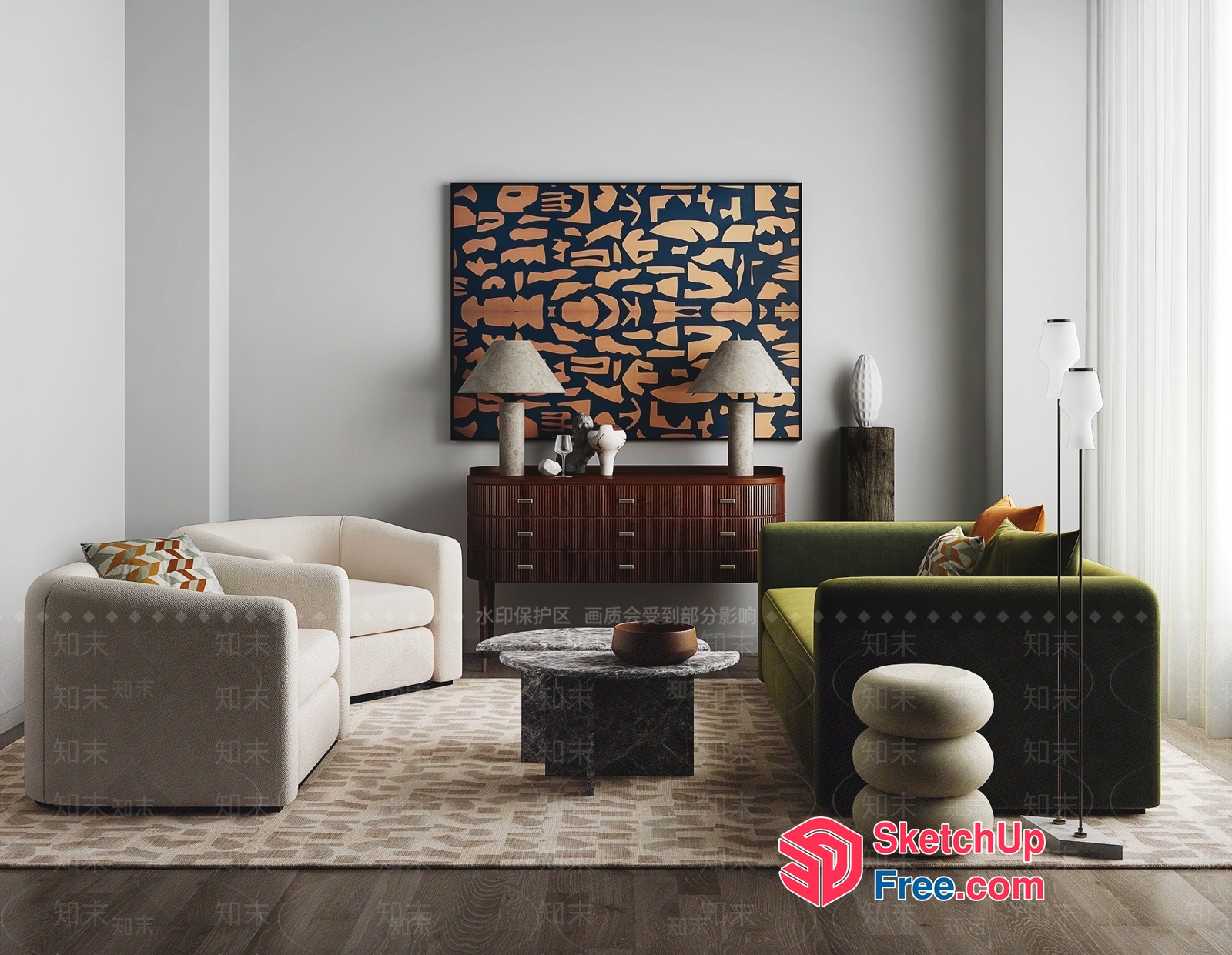 Modern Living Room With Neutral Color Scheme And Artistic Touches 3D SketchUp File