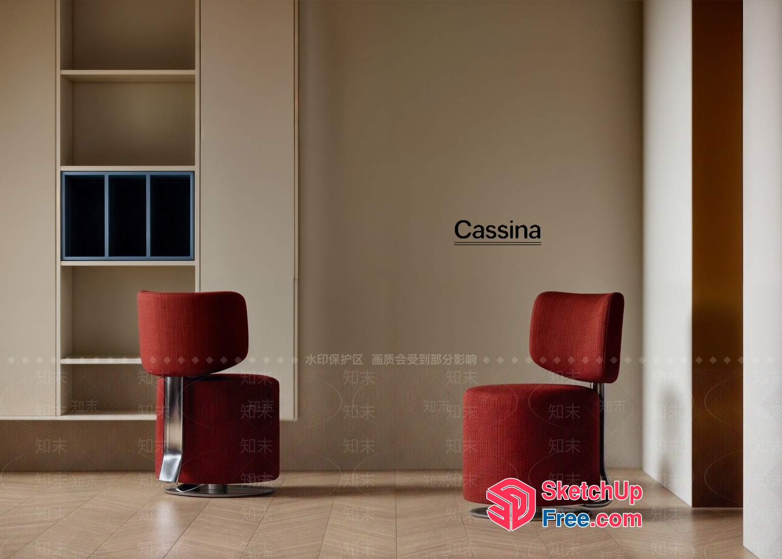 Elegant Minimalist Red Chairs In A Modern Interior Space 3D SketchUp File