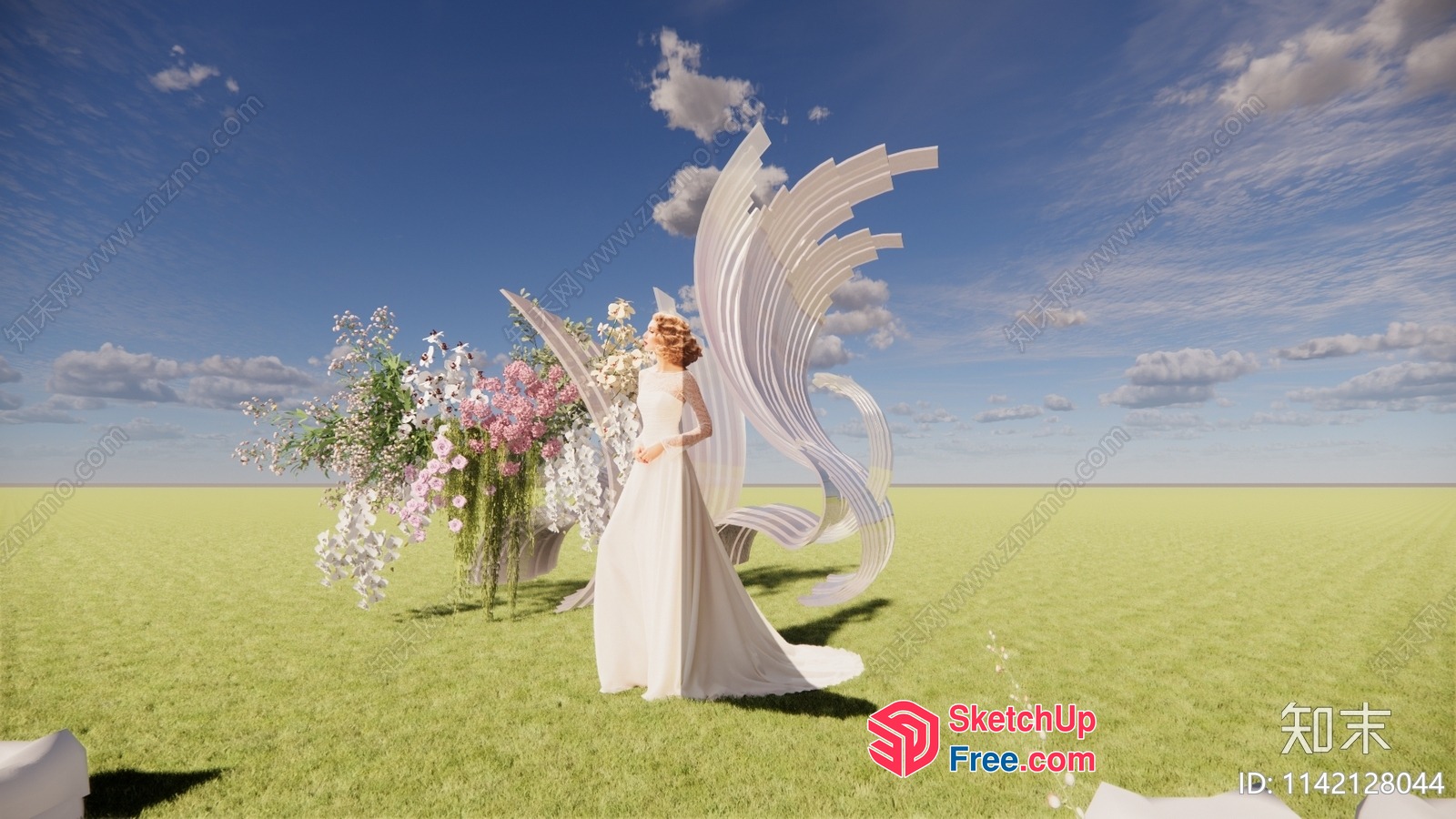 Woman In White Dress Standing In Front Of Abstract White Structure 3D SketchUp File