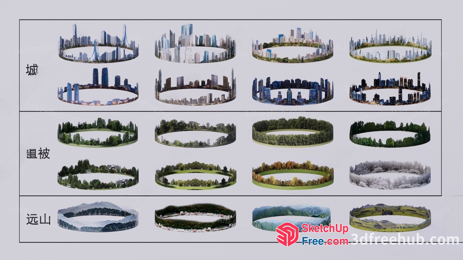 City, Mountain, And Forest Scenery Rings 3D SketchUp File