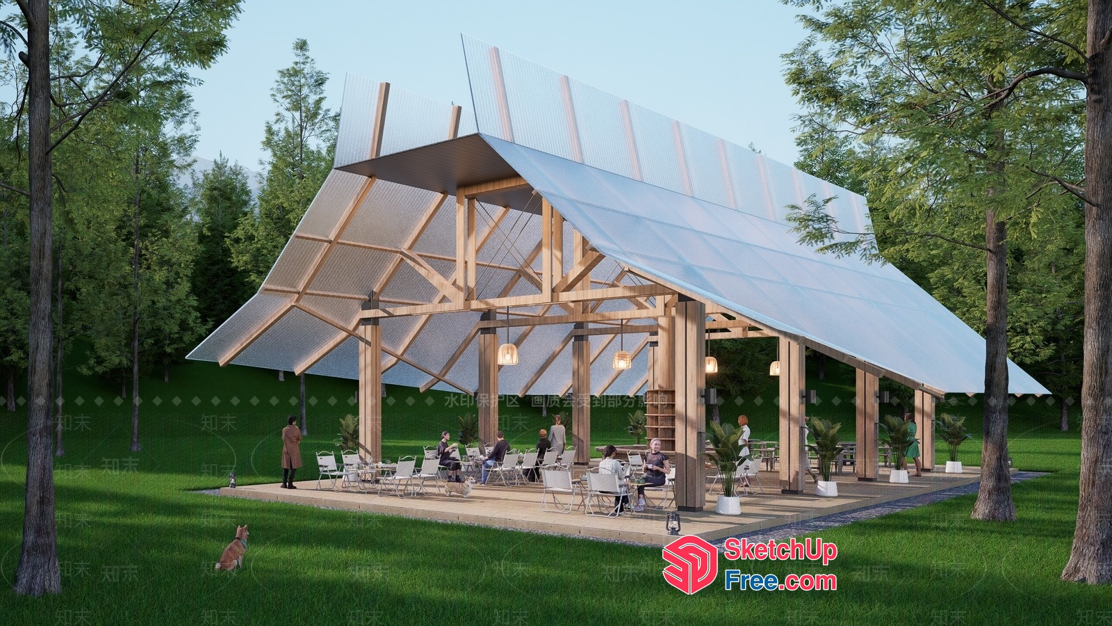 Outdoor Pavilion With Glass Roof And Wooden Pillars 3D SketchUp File
