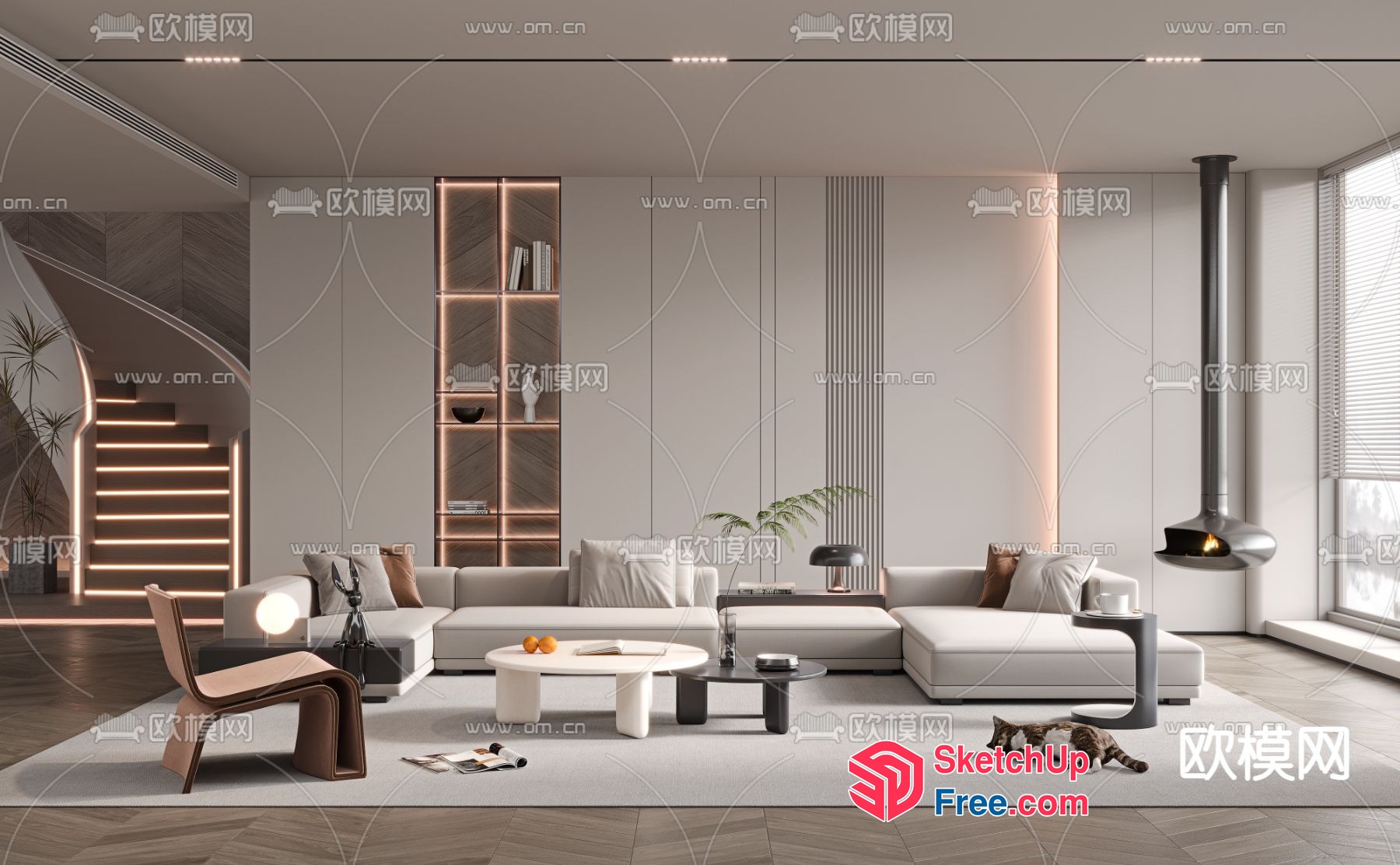Elegant Modern Living Room Interior With Stairs 3D SketchUp File
