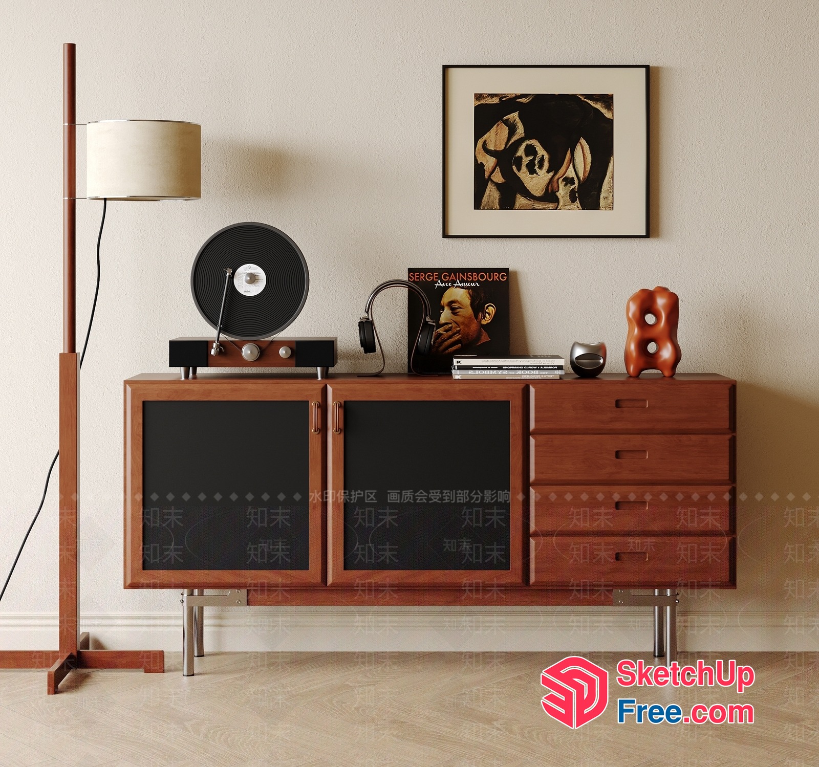 Mid-Century Modern Style Sideboard With Vinyl Record Player 3D SketchUp File
