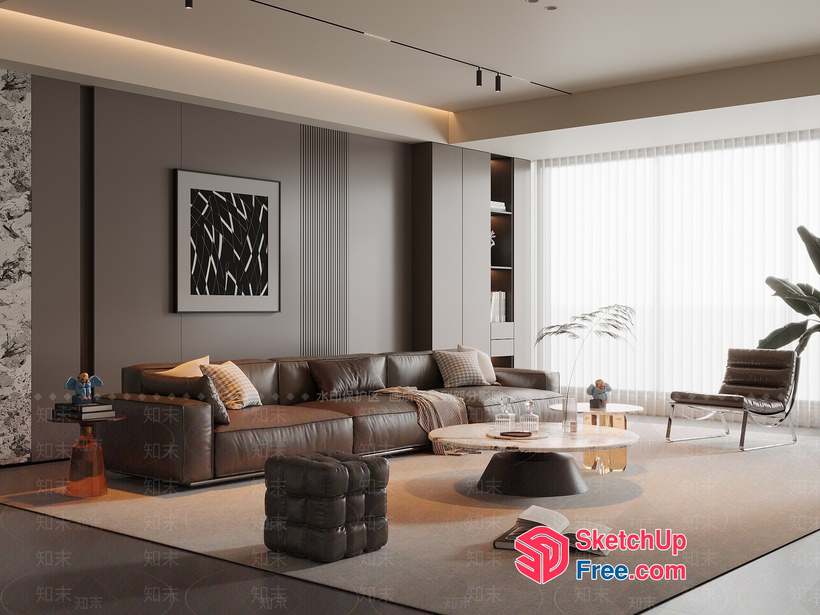 Modern Living Room With Brown Leather Furniture And Minimalist Decor 3D SketchUp File