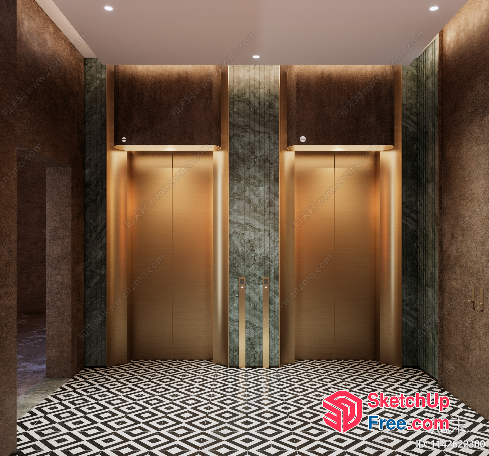 Modern Elevator Interior Design With Marble And Gold Accents 3D SketchUp File