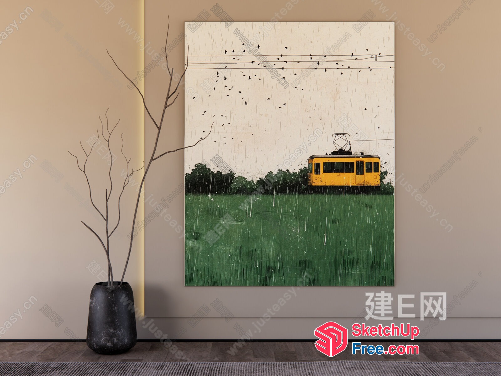 Yellow Train In A Rainy Field 3D SketchUp File