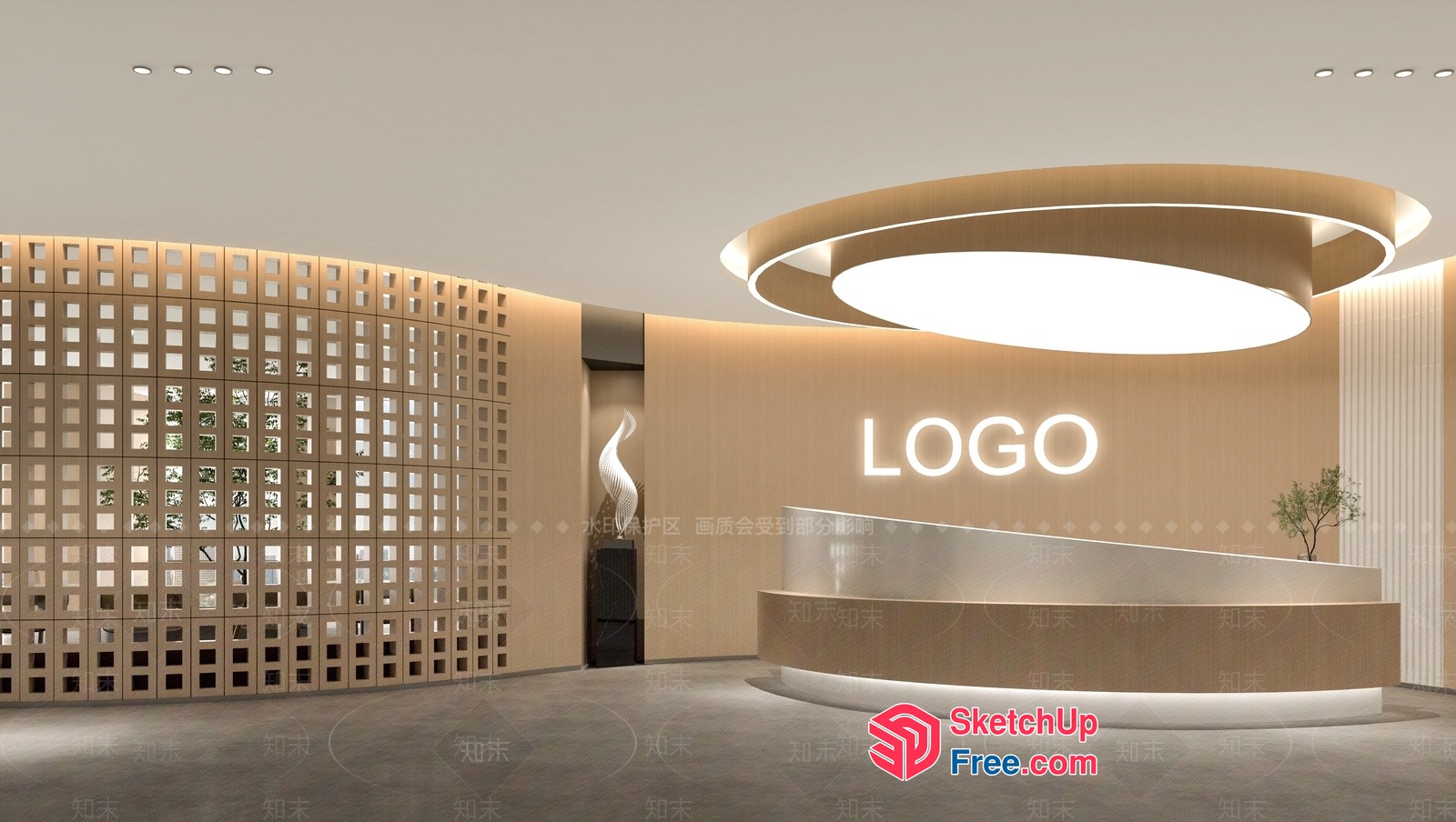 Elegant Modern Reception Desk With Logo And Staircase 3D SketchUp File