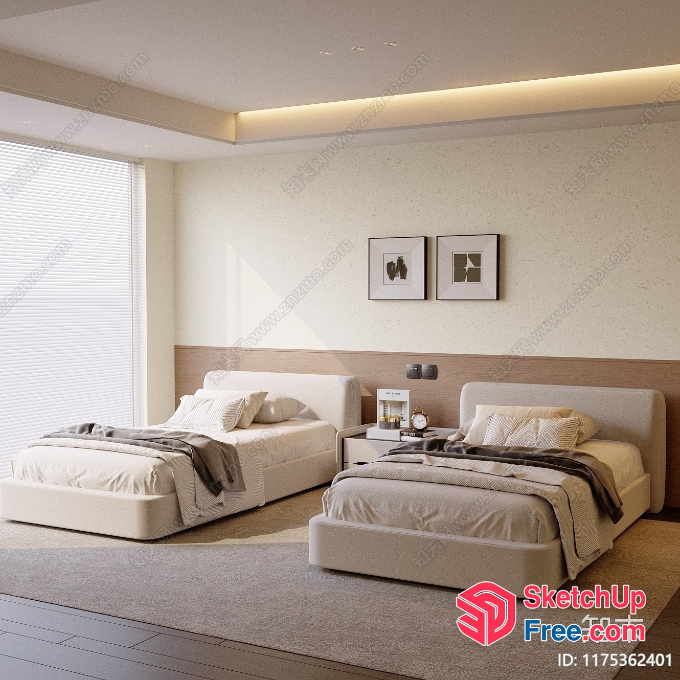 Modern Minimalist Bedroom With Two Beds 3D SketchUp File