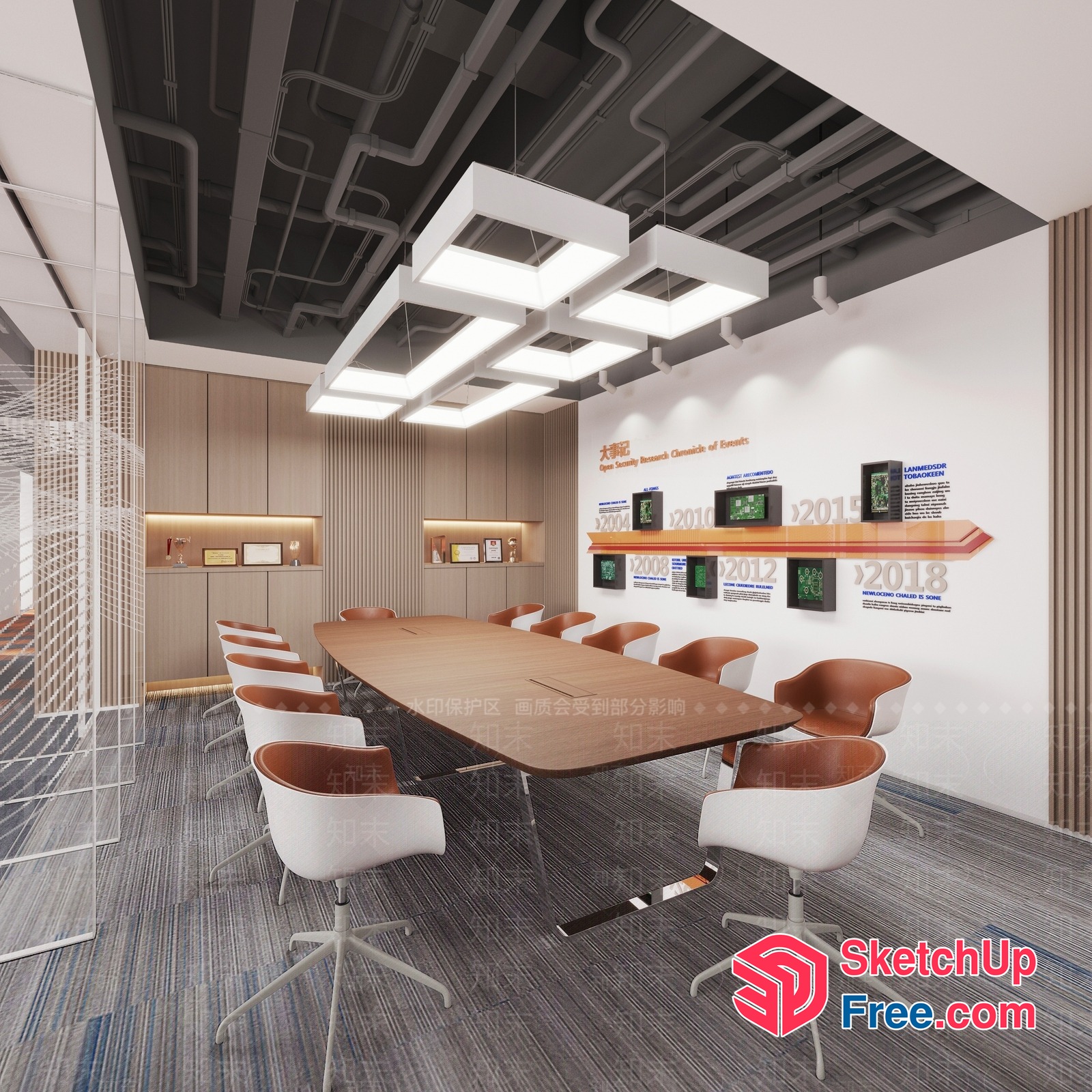 Conference Room Interior With Modern Lighting And Display Shelves 3D SketchUp File