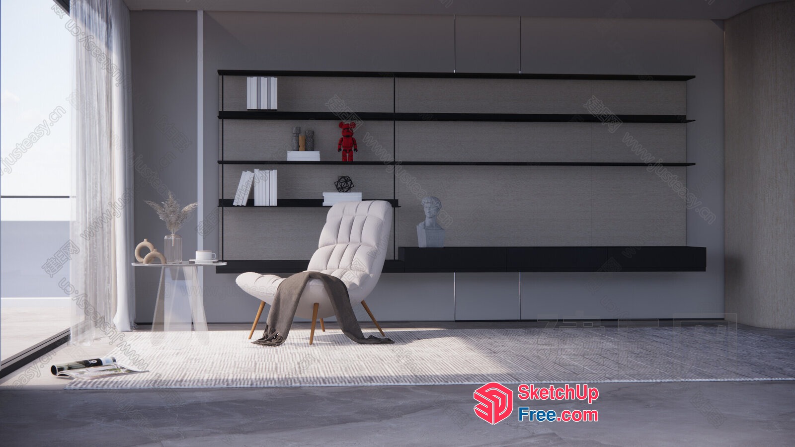 Modern Minimalist Interior With Sleek Shelving And Chair 3D SketchUp File