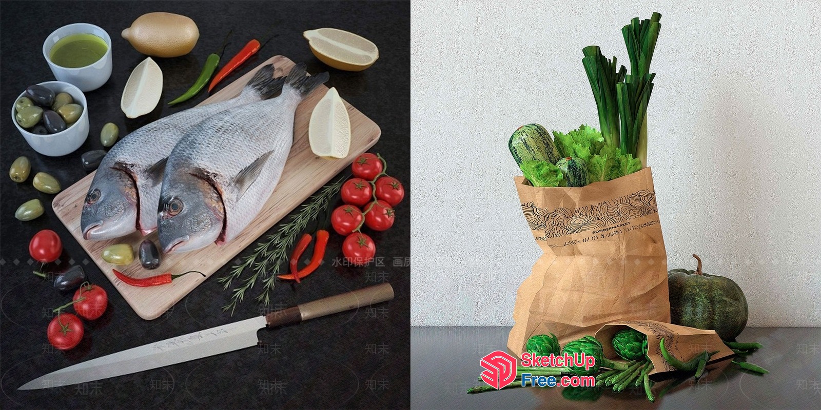 Fresh Fish And Vegetables For Cooking 3D SketchUp File