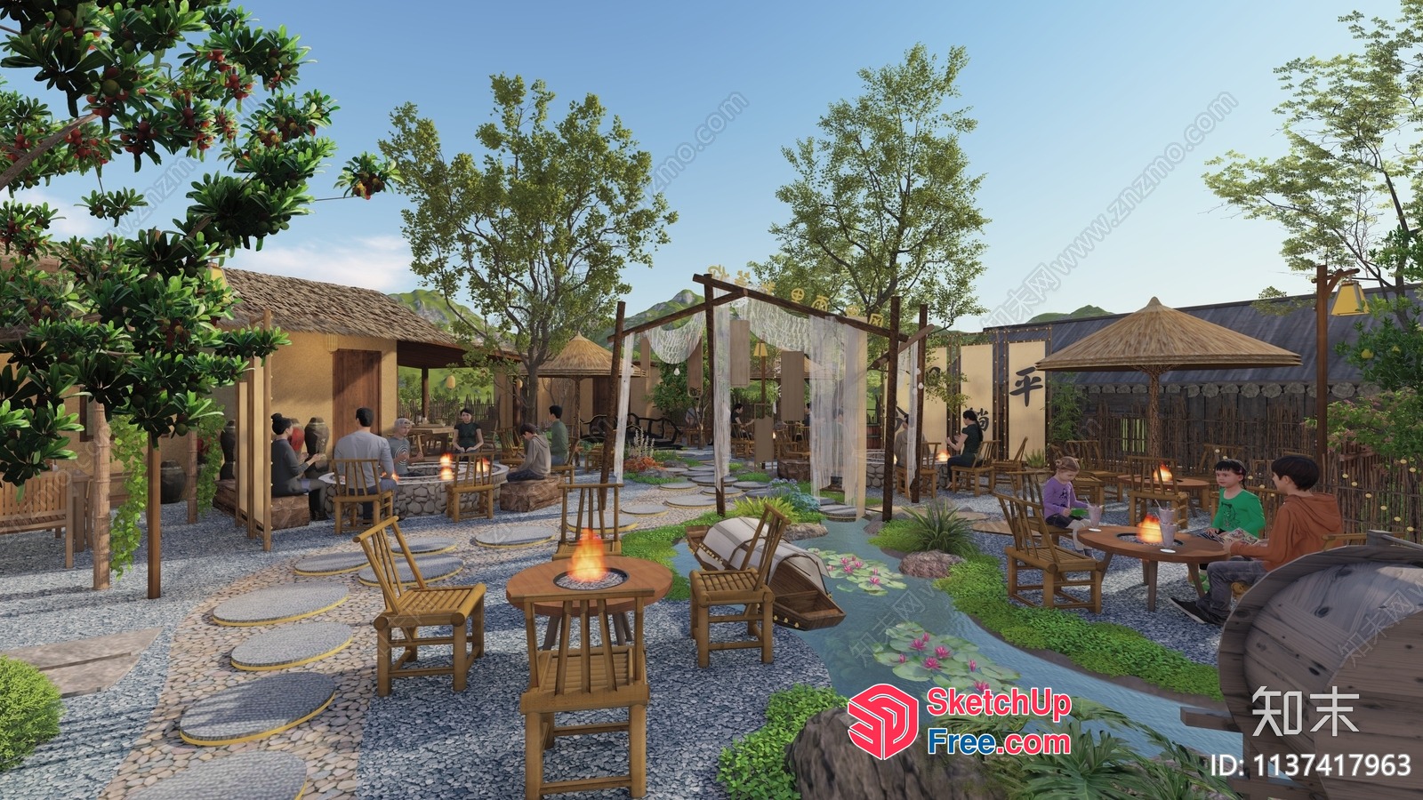 Outdoor Dining Area With Water Feature 3D SketchUp File