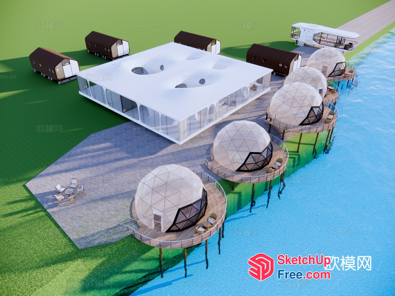 Futuristic Waterfront Resort With Geodesic Domes And Modern Architecture 3D SketchUp File