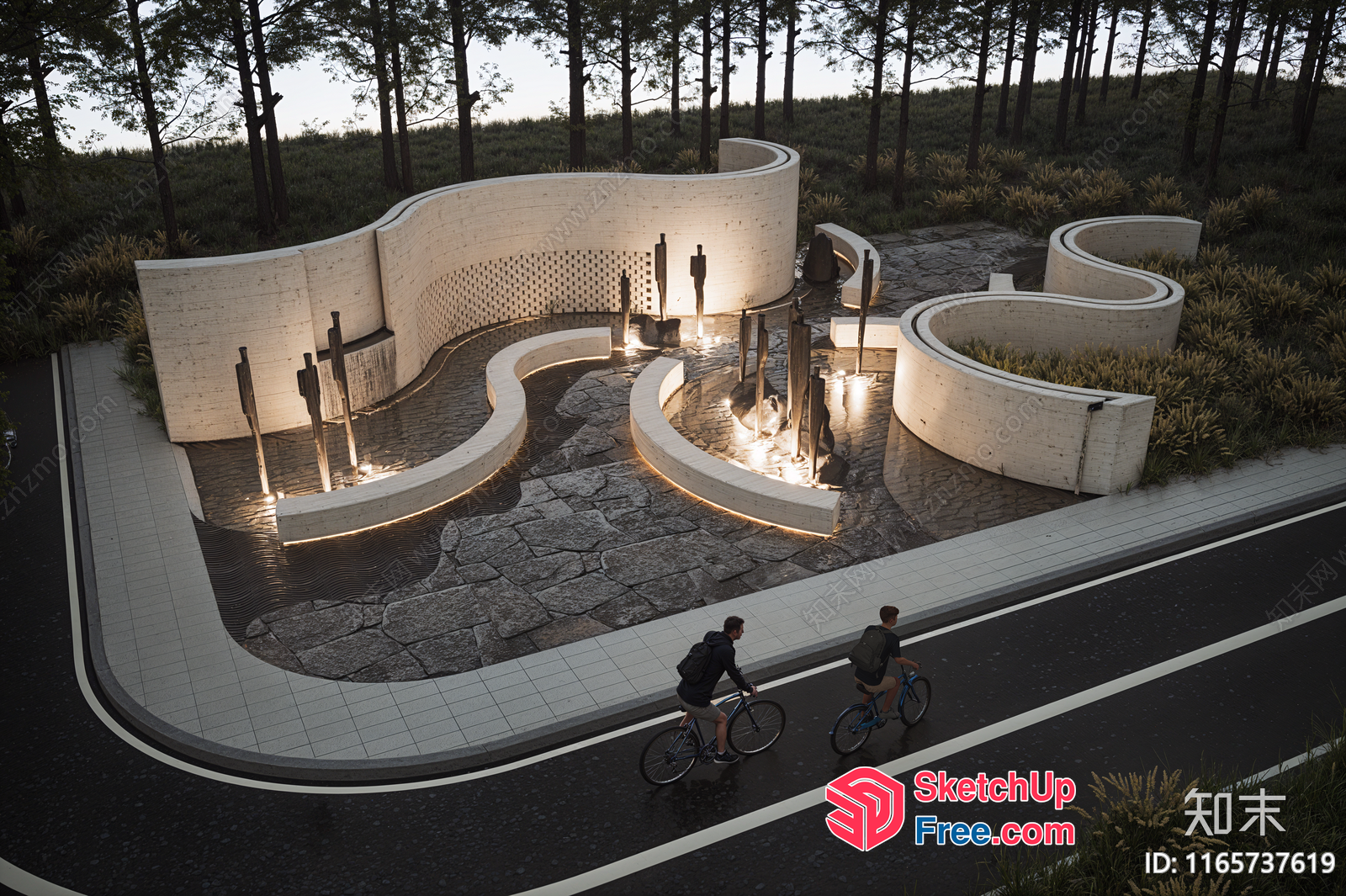 Serpentine Pathway With Water Features 3D SketchUp File