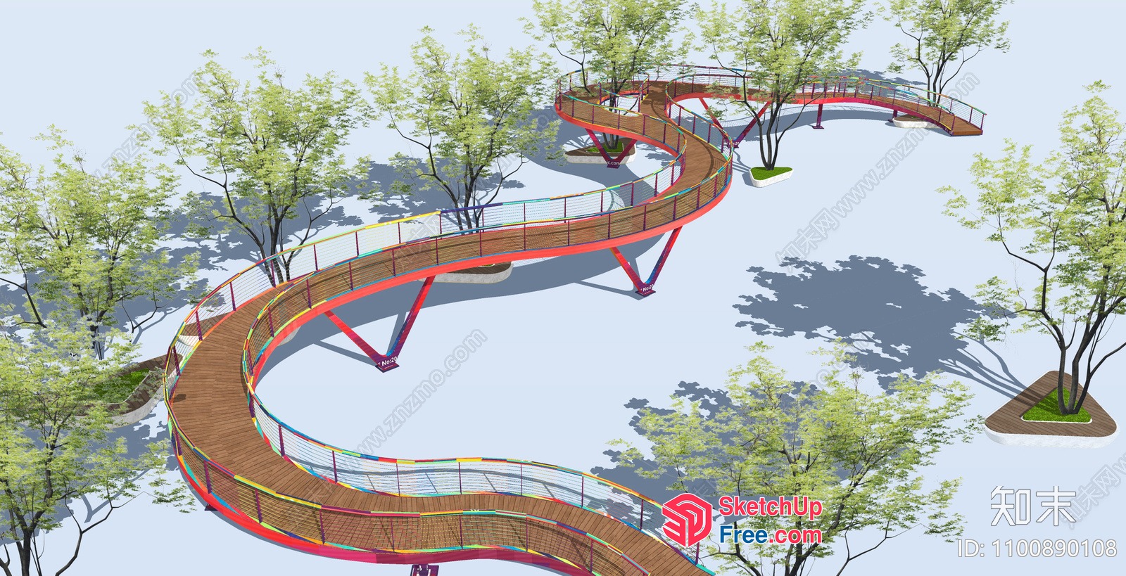 Colorful Curved Railing And Wooden Deck Walkway 3D SketchUp File